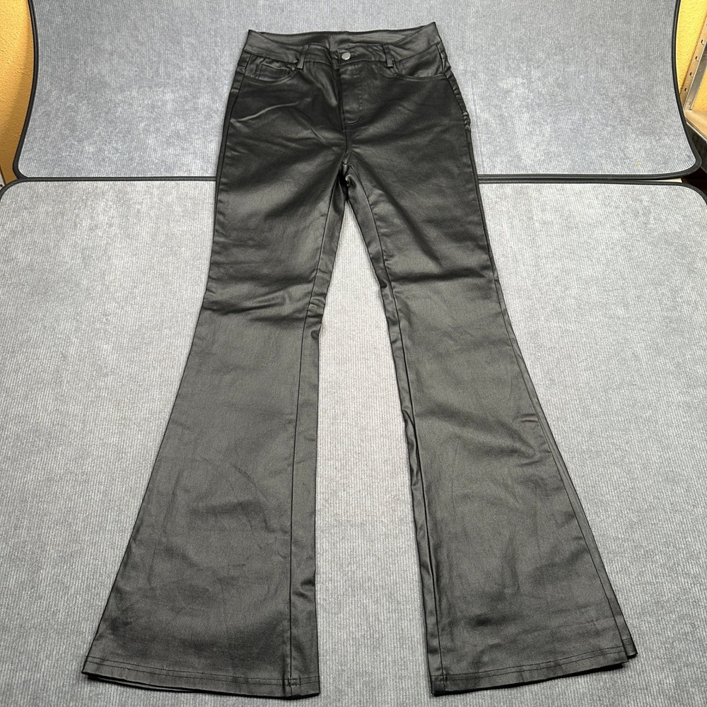 Leather Flare Leg Pants Wax Style Black Y2k Faux Leather Trousers Size L